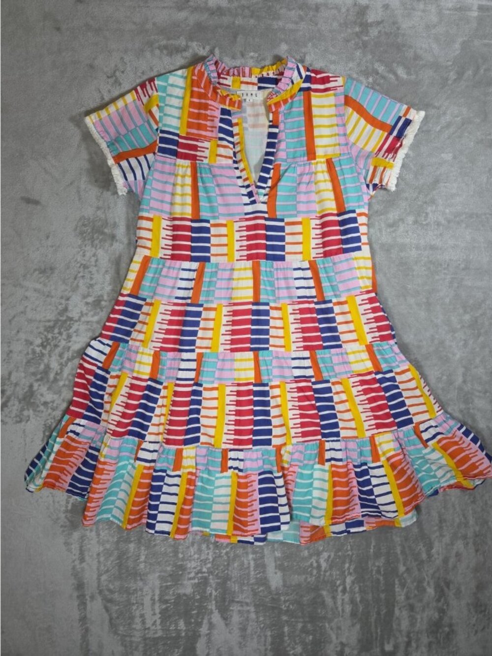 THML Tiered Mini Dress Womens Small Multicolor Geometric Stripe Cotton Fringe